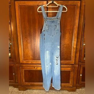 Women's Distressed Light Blue Denim Overalls